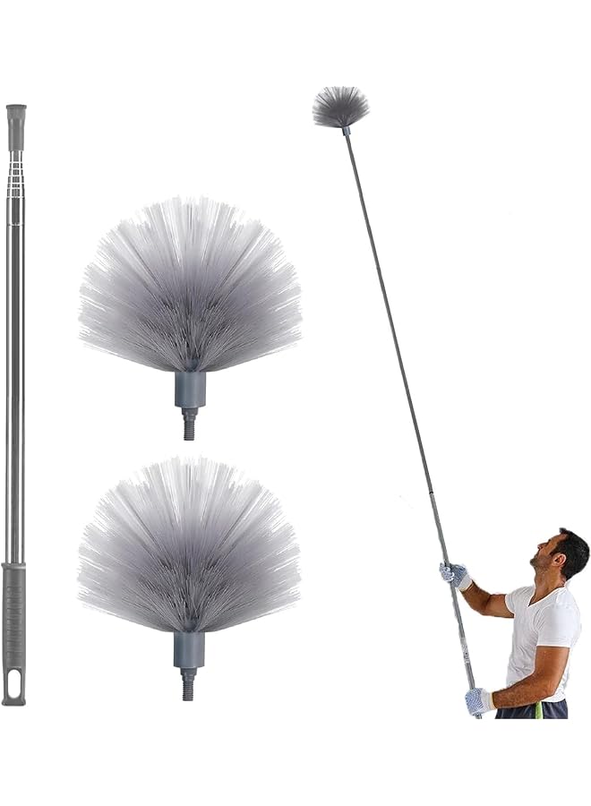 PROMASS Cobweb Duster, High Reach Duster Kit With Extension Pole & 2 Clean Head, 1.8 To 7.2-Feet Scalable Stainless Steel Pole Ceiling Fan Duster For Cleaning High Ceiling, Blinds And Cobweb