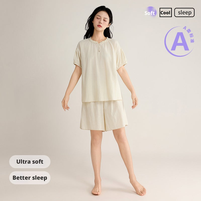 Women's Cotton Striped Sleepwear Set with Lace Trim - Image 1