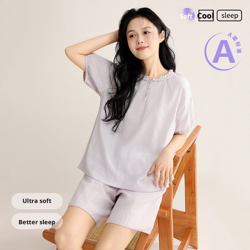 Women's Cotton Striped Sleepwear Set with Lace Trim - Image 4