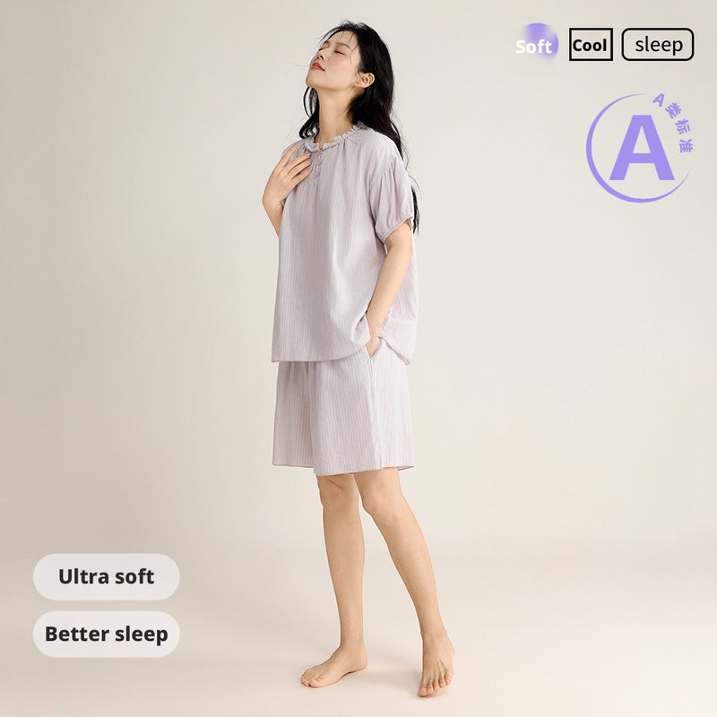 Women's Cotton Striped Sleepwear Set with Lace Trim - Image 3