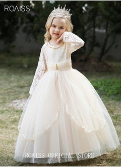 roaiss Girl‘s Party Dress Pearl Mesh Gown Princess Dress Long Sleeve Toddler Little Kids Bow Back Party Wear Wedding Evening Formal Pageant Dance Gown for Birthday Champagne Color  - Image 5