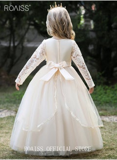 roaiss Girl‘s Party Dress Pearl Mesh Gown Princess Dress Long Sleeve Toddler Little Kids Bow Back Party Wear Wedding Evening Formal Pageant Dance Gown for Birthday Champagne Color  - Image 3