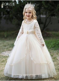 roaiss Girl‘s Party Dress Pearl Mesh Gown Princess Dress Long Sleeve Toddler Little Kids Bow Back Party Wear Wedding Evening Formal Pageant Dance Gown for Birthday Champagne Color  - Image 4