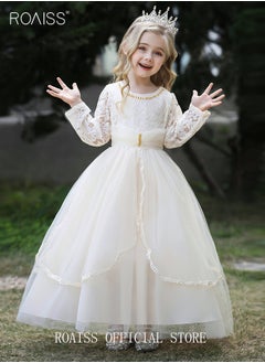 roaiss Girl‘s Party Dress Pearl Mesh Gown Princess Dress Long Sleeve Toddler Little Kids Bow Back Party Wear Wedding Evening Formal Pageant Dance Gown for Birthday Champagne Color  - Image 2