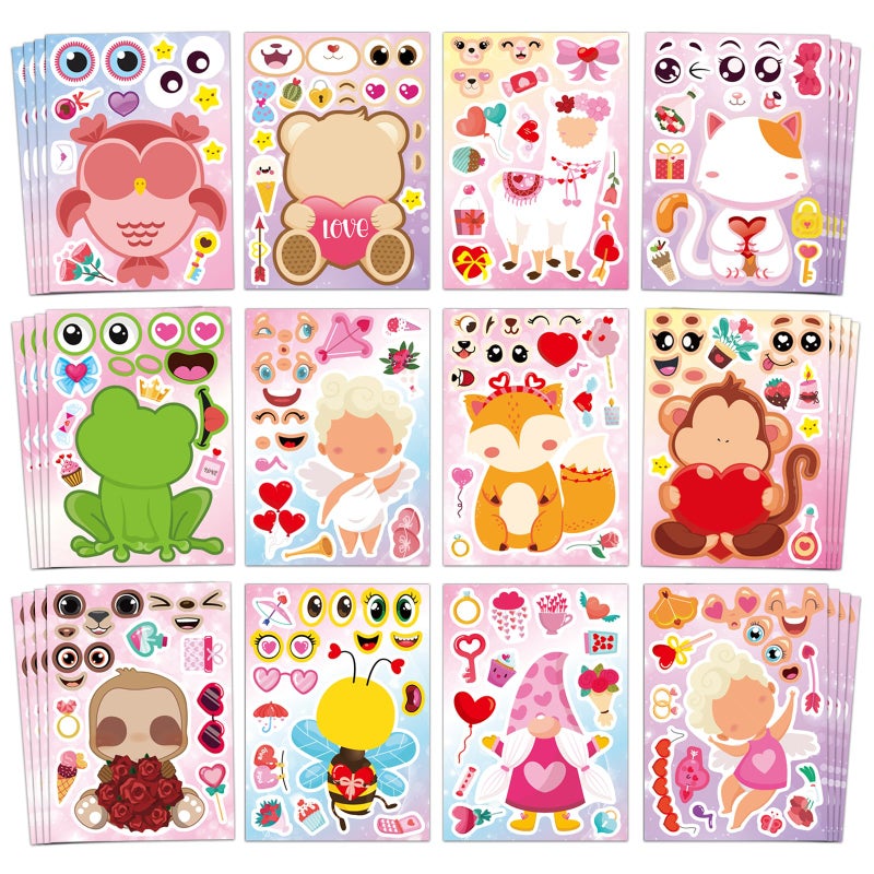 Aowplc ملصقات عيد الحب من Aowplc، 48 ورقة - 12 تصميمًا لطيفًا لرسم الوجوه - هدايا عيد الحب للأطفال، وأنشطة صفية، ولوازم الحفلات - Image 1