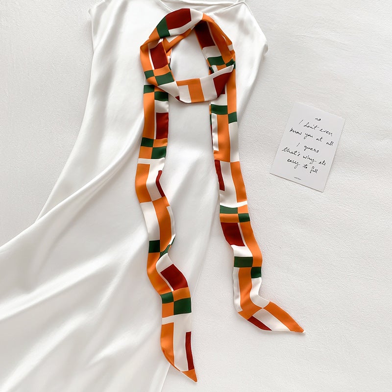 2021 Korean Style New Geometric Long Small Scarf Womens Hair Belt Decorative Scarf Long Ribbon Tie Bag Belt Scarf DT-25-Orange DT-25-Orange - Image 1
