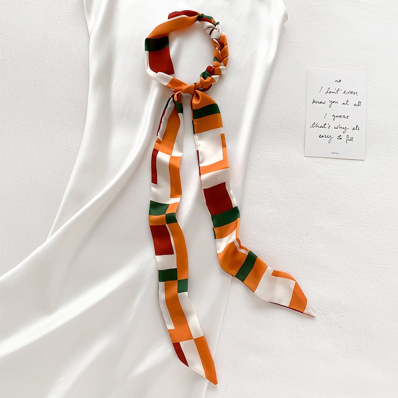 2021 Korean Style New Geometric Long Small Scarf Womens Hair Belt Decorative Scarf Long Ribbon Tie Bag Belt Scarf DT-25-Orange DT-25-Orange - Image 4