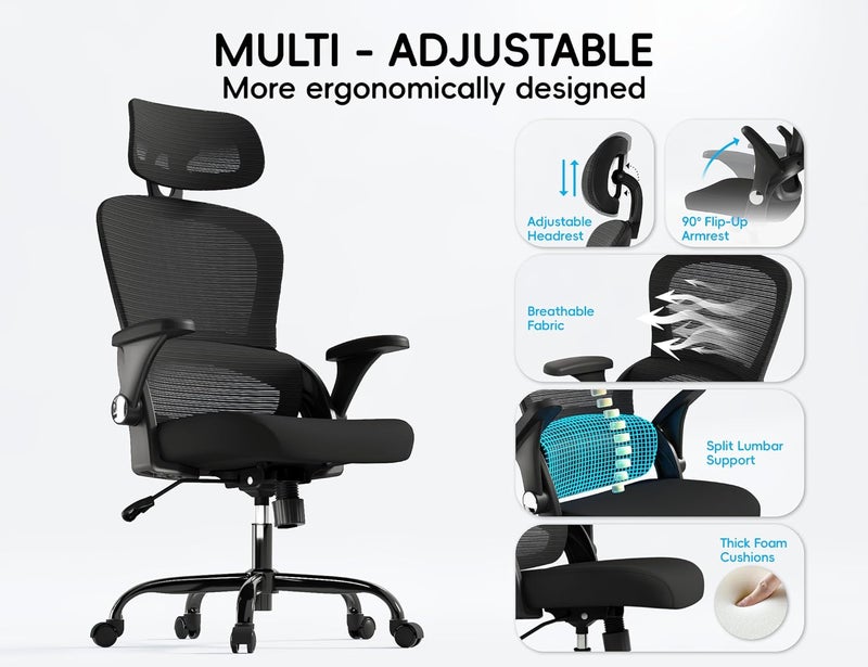 TRALT Office Chair - Ergonomic Office Chair with Back Support, Computer Chair - Home Office Desk Chairs, 330lbs Wide Seat Big and Tall Office Chairs with Headrest, Comfy Desk Chairs (Black) - Image 3