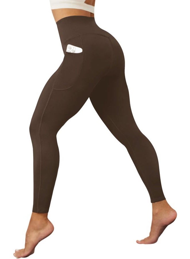 DLOODA Yoga Leggings for Women with Pockets High Waisted Tummy Control Yoga Pants Soft Buttery Workout Leggings Gym, Brown, M - Image 2