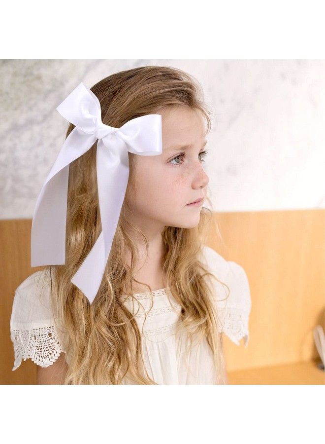 NCMAMA 2Pcs Long Ribbon Hair Bows For Girls Hair Clip Silk Hair Bow White Ribbon Hair Accessories For Baby Toddlers Infant Teens Kids (White) - Image 5