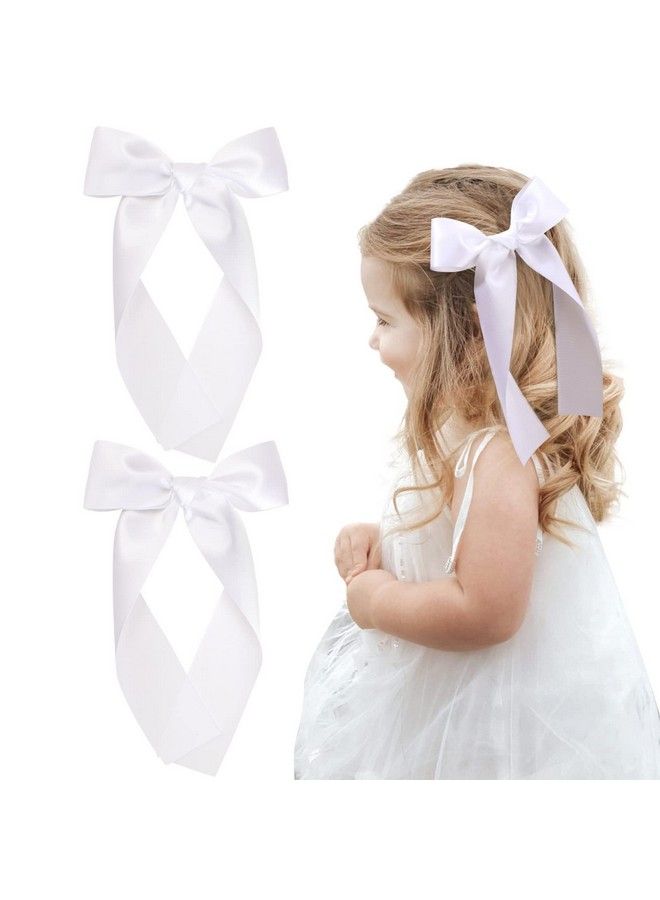NCMAMA 2Pcs Long Ribbon Hair Bows For Girls Hair Clip Silk Hair Bow White Ribbon Hair Accessories For Baby Toddlers Infant Teens Kids (White) - Image 2