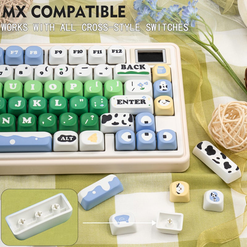 GEKUCAP MOA Profile PBT Keycap Set, 130-Key Dye Sub Cute Keycaps, Green White Kawaii Custom Keycaps for US Layout Mechanical Keyboards (Cow Theme Design with Key Puller) - Image 3