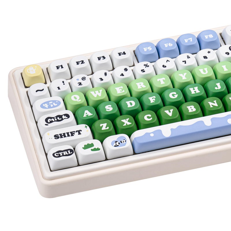 GEKUCAP MOA Profile PBT Keycap Set, 130-Key Dye Sub Cute Keycaps, Green White Kawaii Custom Keycaps for US Layout Mechanical Keyboards (Cow Theme Design with Key Puller) - Image 1