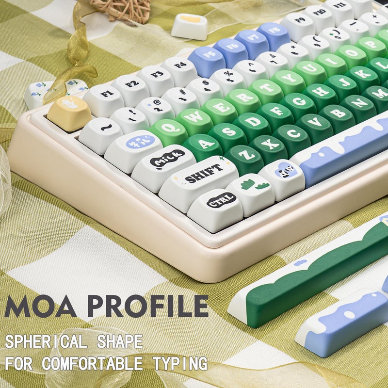 GEKUCAP MOA Profile PBT Keycap Set, 130-Key Dye Sub Cute Keycaps, Green White Kawaii Custom Keycaps for US Layout Mechanical Keyboards (Cow Theme Design with Key Puller) - Image 4