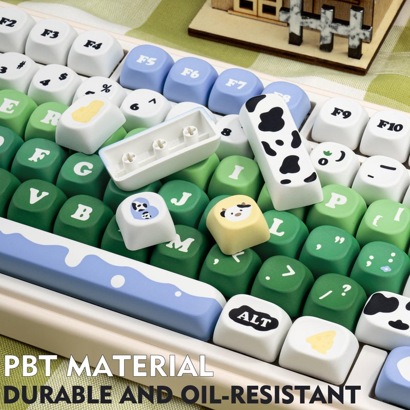 GEKUCAP MOA Profile PBT Keycap Set, 130-Key Dye Sub Cute Keycaps, Green White Kawaii Custom Keycaps for US Layout Mechanical Keyboards (Cow Theme Design with Key Puller) - Image 5