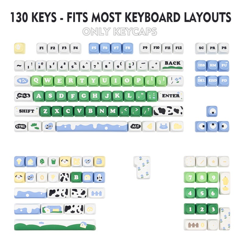 GEKUCAP MOA Profile PBT Keycap Set, 130-Key Dye Sub Cute Keycaps, Green White Kawaii Custom Keycaps for US Layout Mechanical Keyboards (Cow Theme Design with Key Puller) - Image 2