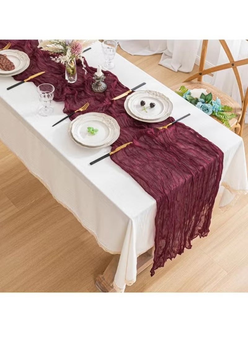 هاهاهاي 90×400 سم مفرش طاولة شاش بوهيمي شفاف مجعد، قماش قطن ناعم، ديكور مائدة ريفي لحفلات الزفاف وأعياد الميلاد وحفلات استقبال المولود والعرائس، قطعة مركزية للطاولة أحمر - Image 2