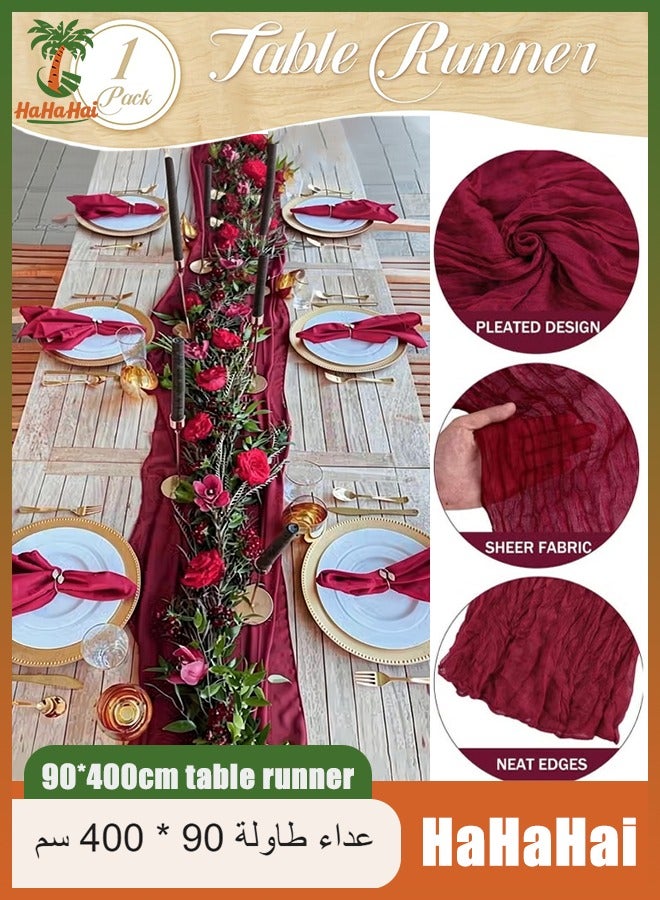 هاهاهاي 90×400 سم مفرش طاولة شاش بوهيمي شفاف مجعد، قماش قطن ناعم، ديكور مائدة ريفي لحفلات الزفاف وأعياد الميلاد وحفلات استقبال المولود والعرائس، قطعة مركزية للطاولة أحمر - Image 1