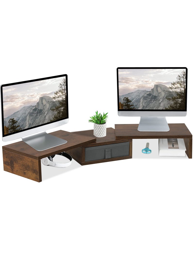 TEAMIX TEAMIX 3 Shelf Monitor Stand Riser With Drawer  Length and Angle Adjustable Dual Riser With Storage Corner Desk Shelf Organizer Large Computer Stand for 2 MonitorsLaptop Brown 1 Drawer 