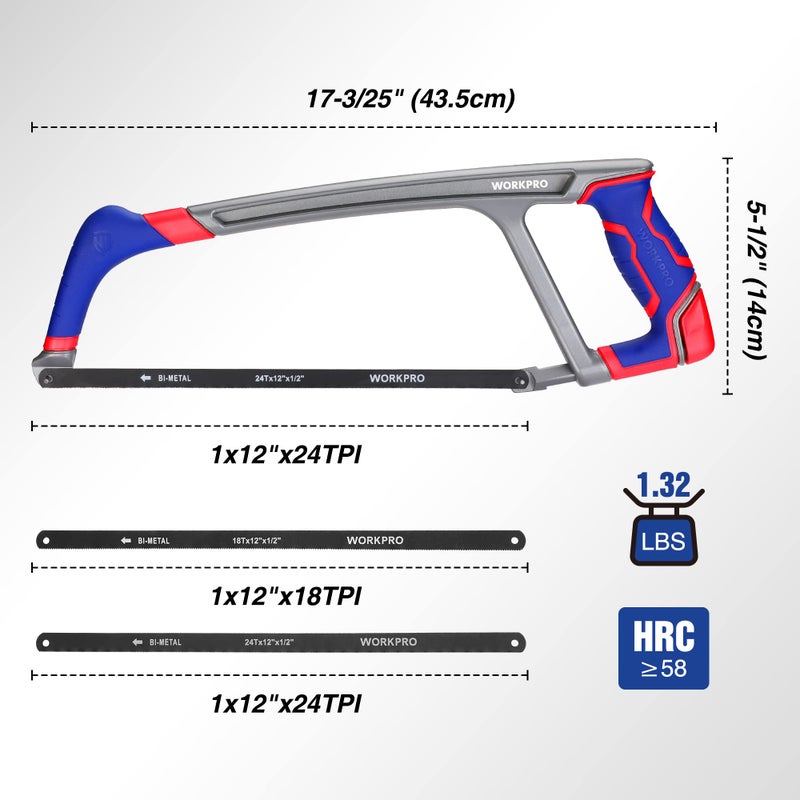 WORKPRO 12-inch Hacksaw with Extra 2 Bi-Metal Saw Blades, Heavy Duty Adjustable 45/90 Angle Saw for Metal, Wood, PVC Pipes - Image 5