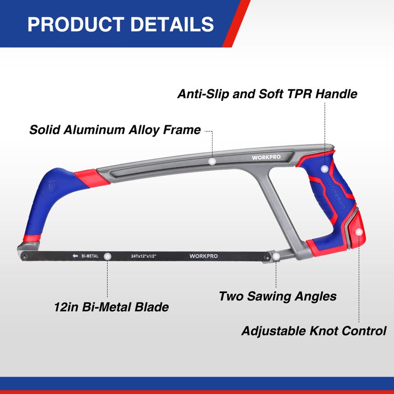 WORKPRO 12-inch Hacksaw with Extra 2 Bi-Metal Saw Blades, Heavy Duty Adjustable 45/90 Angle Saw for Metal, Wood, PVC Pipes - Image 2