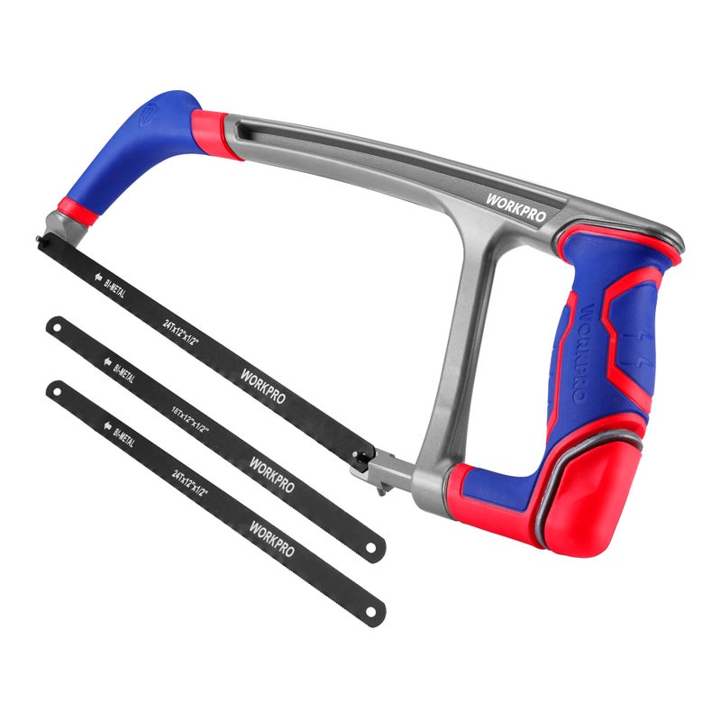 WORKPRO 12-inch Hacksaw with Extra 2 Bi-Metal Saw Blades, Heavy Duty Adjustable 45/90 Angle Saw for Metal, Wood, PVC Pipes - Image 1