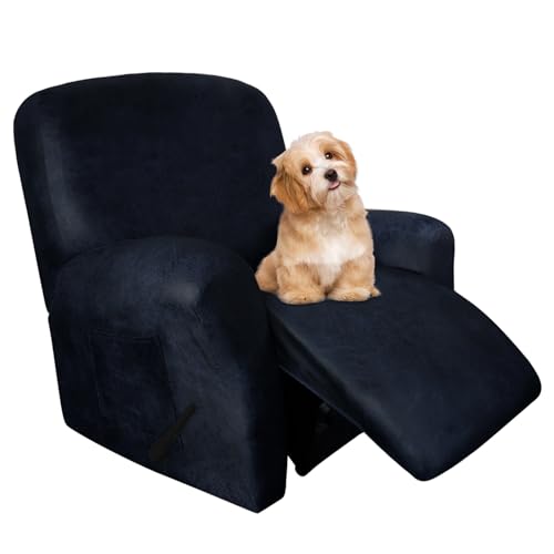 molasofa Leather-Look Spandex Recliner Chair Covers,4-Piece Cover with Pocket,Soft Non Slip Covers for Chair,Washable Furniture Protector (Navy Blue) 1 Seat - Image 1