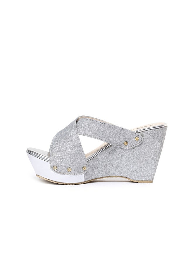 She Zone كعب ويدج بلون فضي للنساء - Image 4