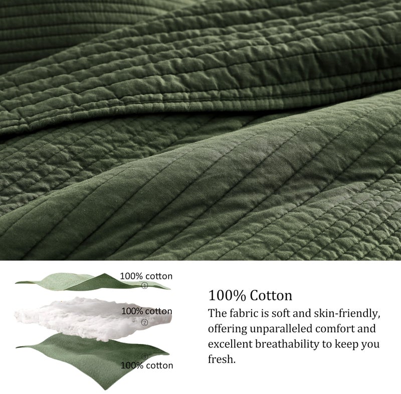 palassio Striped Olive Green 100% Cotton Quilt King Size Bedding Sets, Lightweight Crinkly Channel Pick Stitch Textured Bedspread Soft Shabby Chic Farmhouse Country Coverlet for All Season, 2 Shams - Image 4
