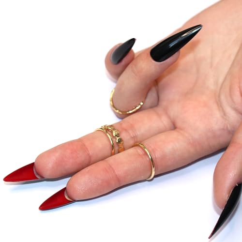 Allkem Press On Nails - Black Red Bottoms Glossy Extra Long Sculpted Stiletto 2 Set Bundle | 10 sizes - 20 pcs Nail kit with Glue - Image 3