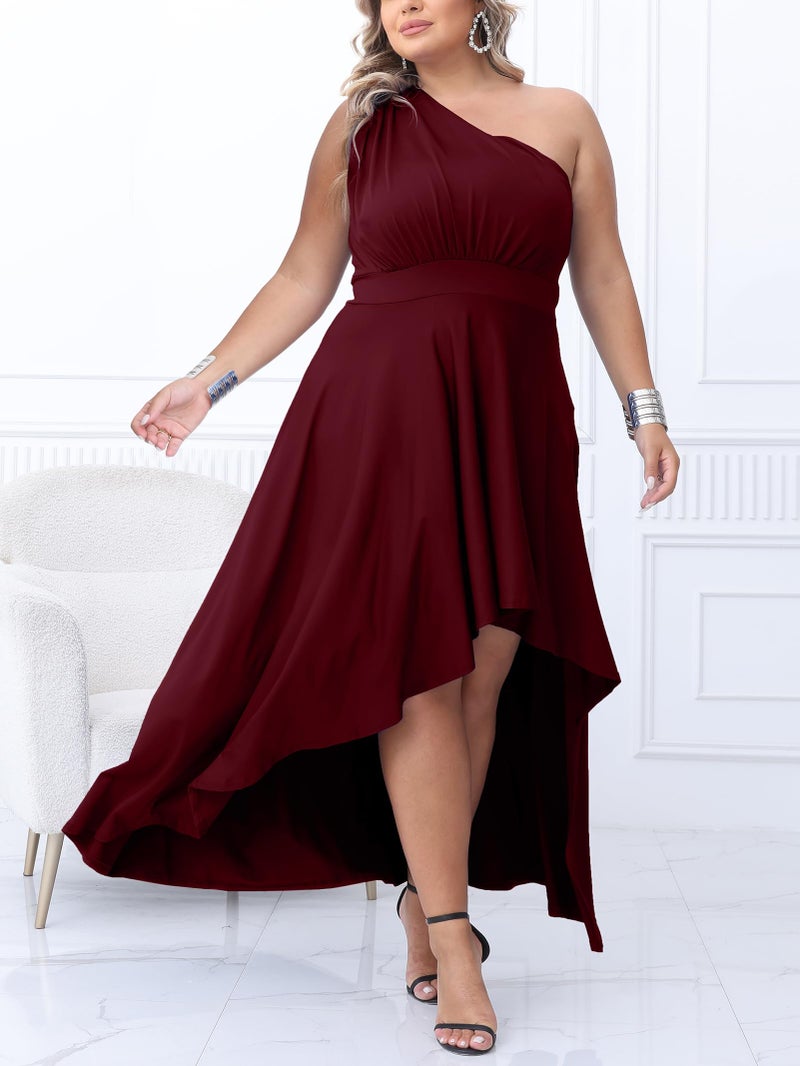 Ekaliy Women's Plus Size One Shoulder Asymmetrical Dress Sexy High Low Maxi Dress Evening Gown Burgundy XXL - Image 3