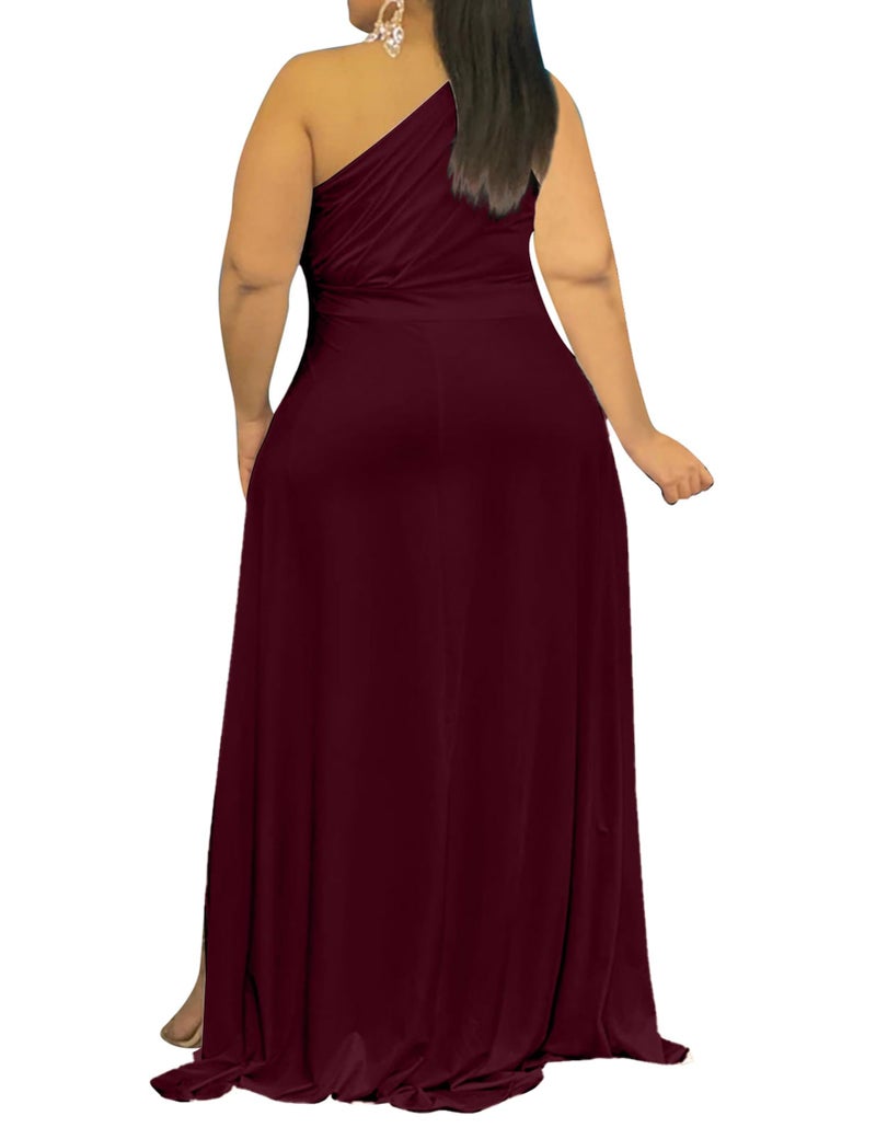 Ekaliy Women's Plus Size One Shoulder Asymmetrical Dress Sexy High Low Maxi Dress Evening Gown Burgundy XXL - Image 2