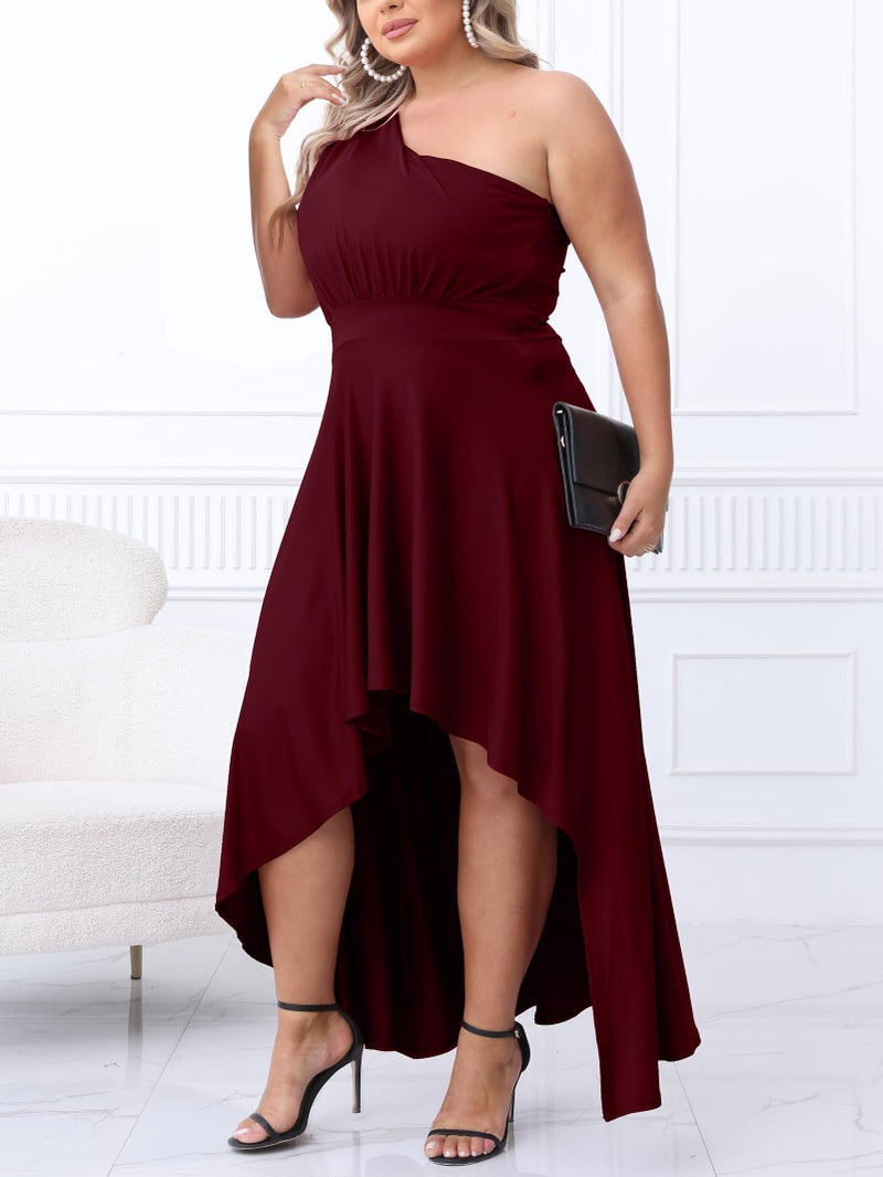 Ekaliy Women's Plus Size One Shoulder Asymmetrical Dress Sexy High Low Maxi Dress Evening Gown Burgundy XXL - Image 5