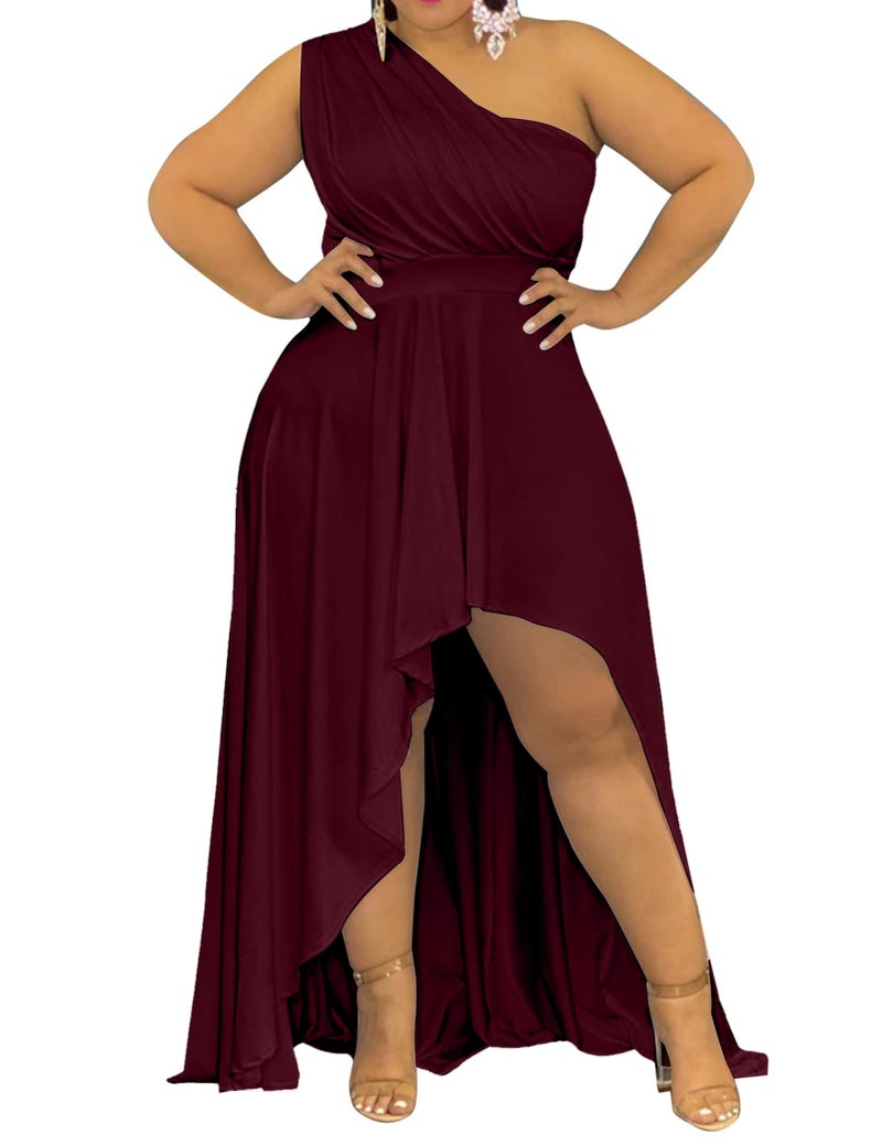 Ekaliy Women's Plus Size One Shoulder Asymmetrical Dress Sexy High Low Maxi Dress Evening Gown Burgundy XXL - Image 1