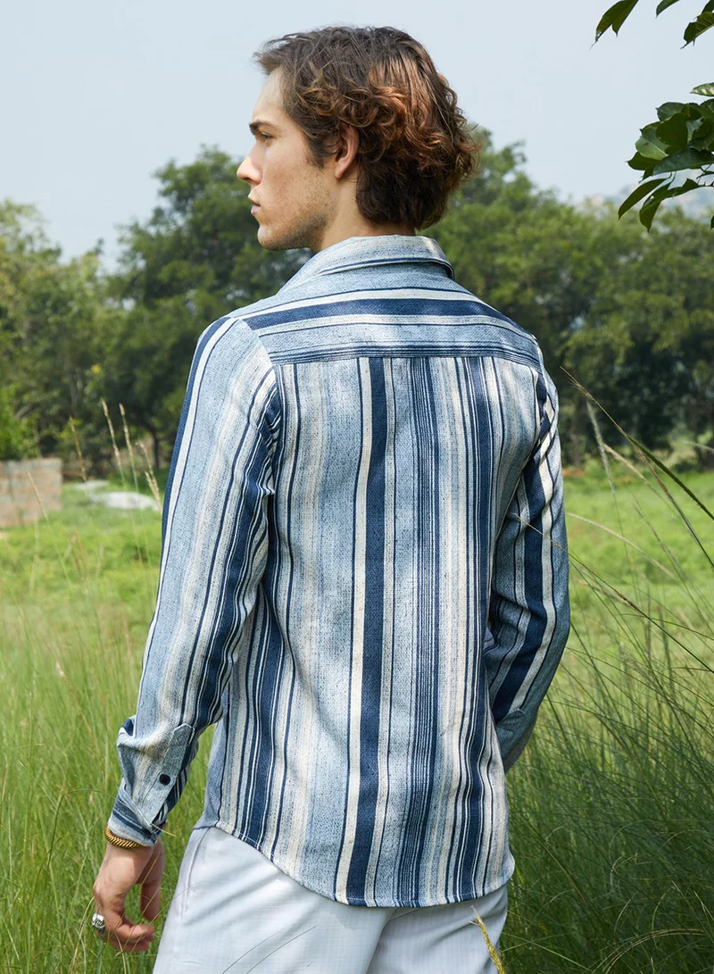 Campus Sutra Men's Indigo Blue Multitrack-Striped Shirt