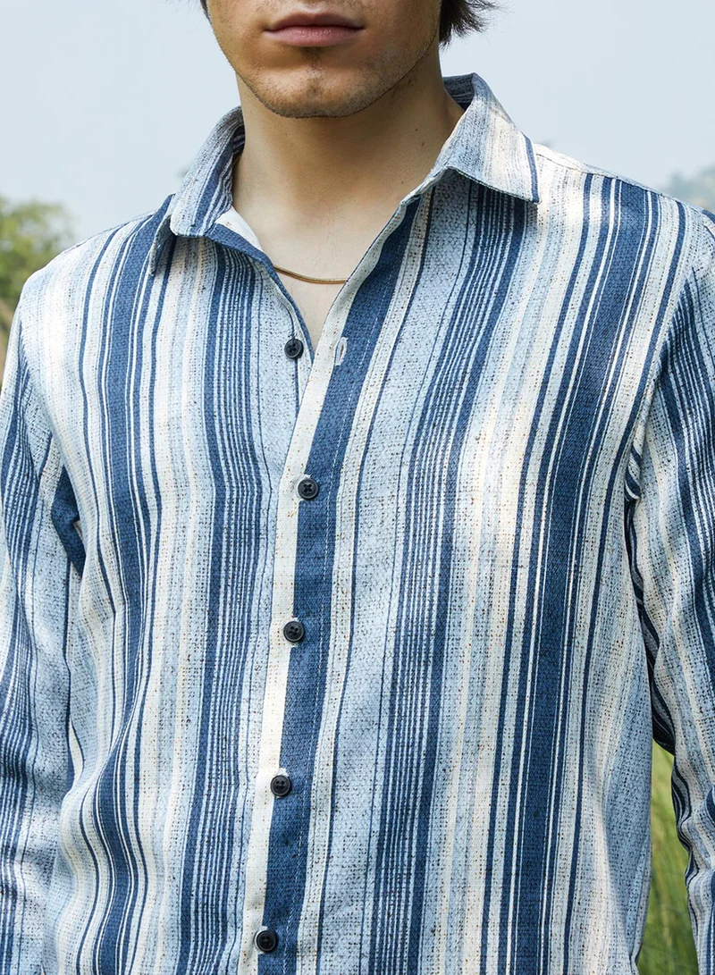 Campus Sutra Men's Indigo Blue Multitrack-Striped Shirt