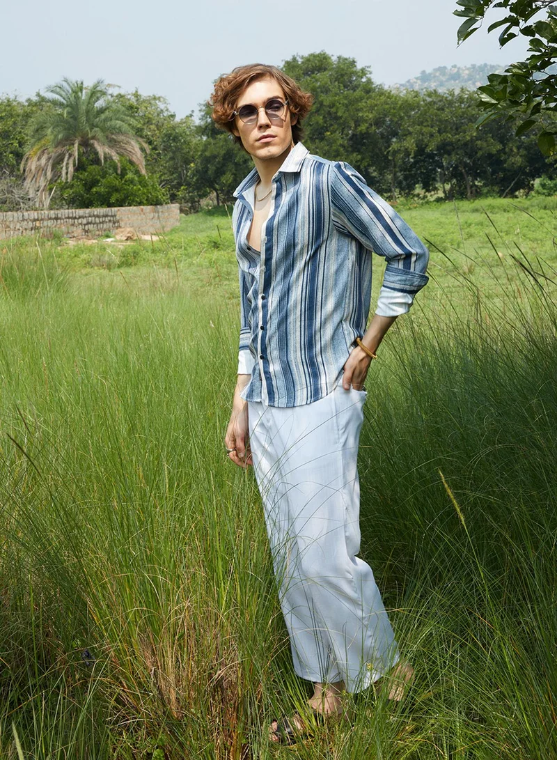 Campus Sutra Men's Indigo Blue Multitrack-Striped Shirt