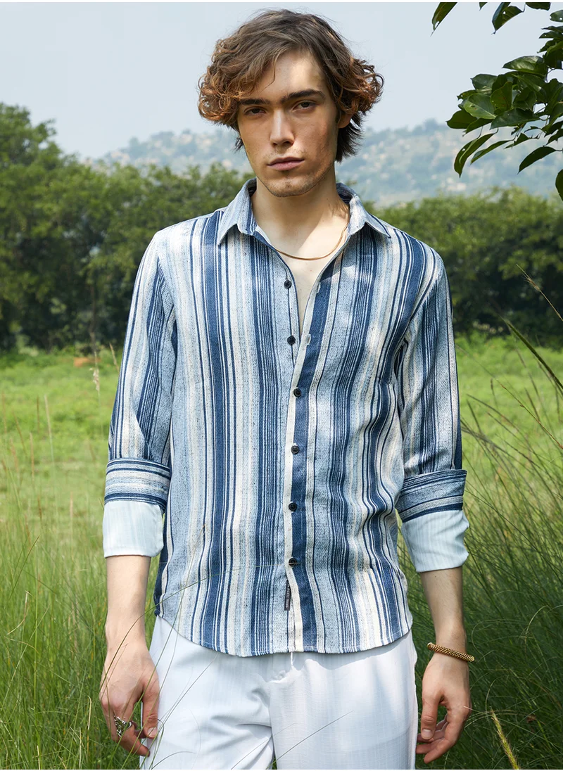 كامبوس سوترا Men's Indigo Blue Multitrack-Striped Shirt