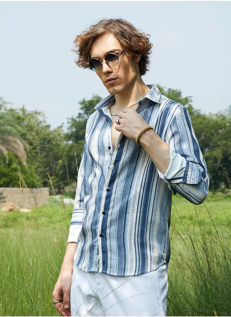 كامبوس سوترا Men's Indigo Blue Multitrack-Striped Shirt