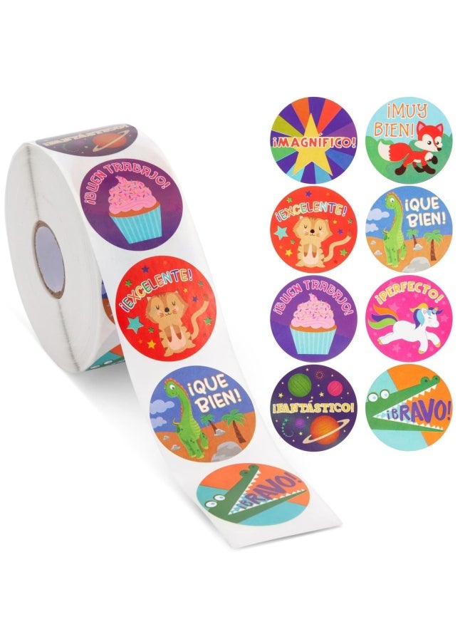 Blue Panda - Reward Stickers - 1000-Count Spanish Encouragement Sticker Roll for Kids Motivational Stickers with Cute Animals for Students Teachers Classroom Use 8 Designs 1.5 Inches Diameter - Image 1