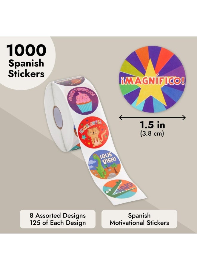 Blue Panda - Reward Stickers - 1000-Count Spanish Encouragement Sticker Roll for Kids Motivational Stickers with Cute Animals for Students Teachers Classroom Use 8 Designs 1.5 Inches Diameter - Image 1