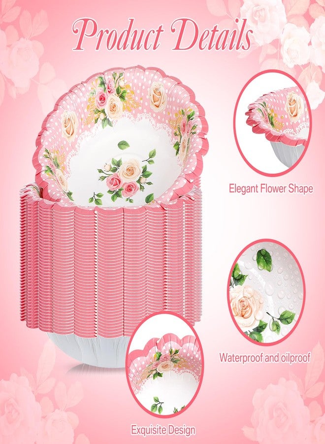 Domensi 50 Pcs 12 oz Floral Paper Bowls Disposable Vintage Flower Tea Bowls for Spring Party, Birthday, Afternoon Tea Party Decorations, Wedding, Salad Soup Snack Serving Supplies(Pink) - Image 3