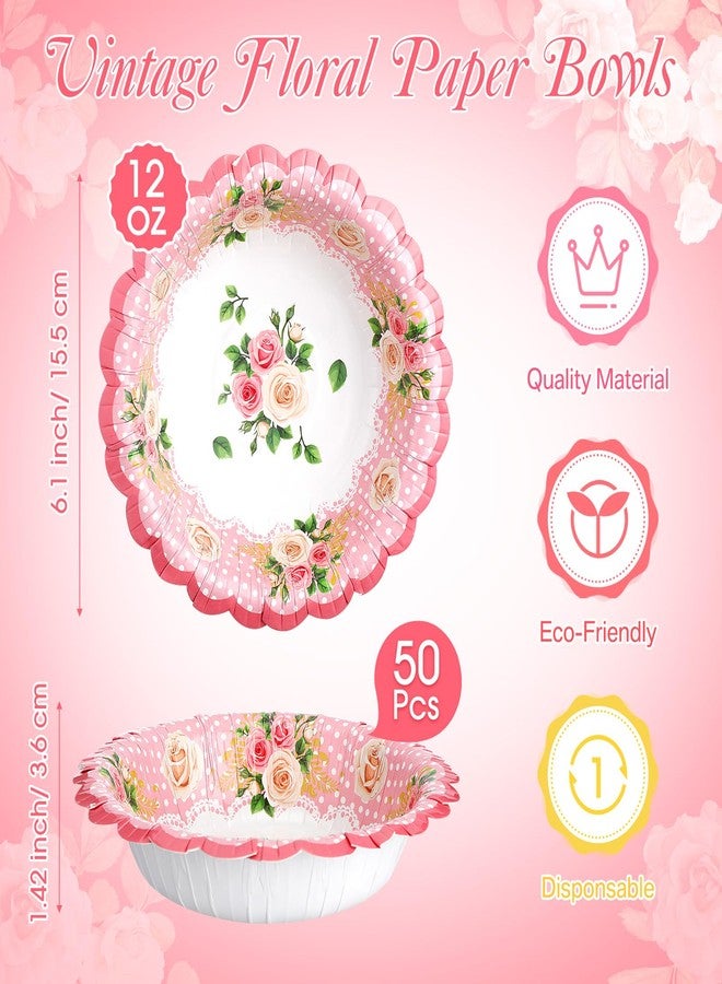 Domensi 50 Pcs 12 oz Floral Paper Bowls Disposable Vintage Flower Tea Bowls for Spring Party, Birthday, Afternoon Tea Party Decorations, Wedding, Salad Soup Snack Serving Supplies(Pink) - Image 2