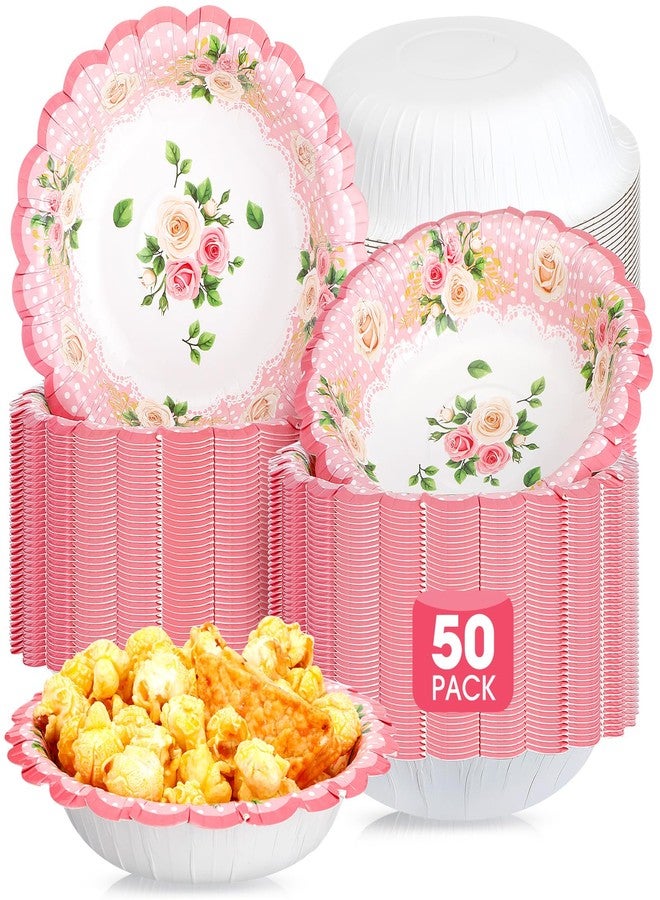 Domensi 50 Pcs 12 oz Floral Paper Bowls Disposable Vintage Flower Tea Bowls for Spring Party, Birthday, Afternoon Tea Party Decorations, Wedding, Salad Soup Snack Serving Supplies(Pink) - Image 1