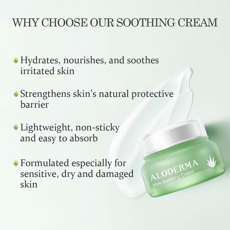 Aloderma Soothing Face Cream Made with 75% Organic Aloe Vera - Calming Facial Cream with Squalane & Vitamin E for Dry, Sensitive Skin - Reduces Redness, Helps Protect Damaged Skin, 50g/1.76oz - Image 3