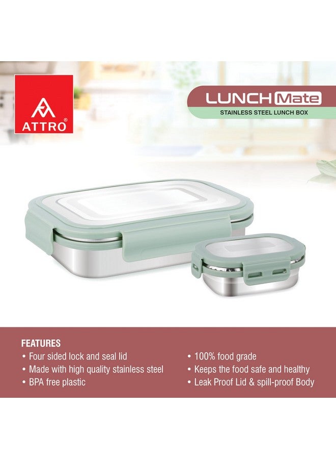 Attro Lunchmate Stainless Steel Lunch Box with 1 Small Container Airtight Spill-Proof BPA Free Food Grade Ideal for Office, School, Picnic, 800ml+180ml- Green - Image 2