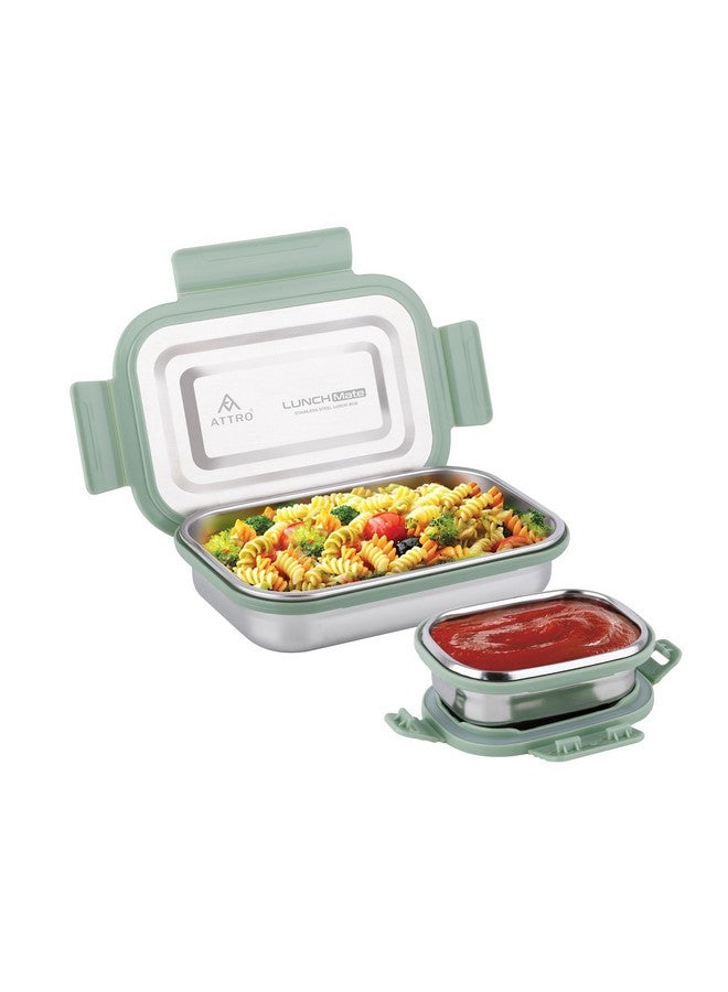 Attro Lunchmate Stainless Steel Lunch Box with 1 Small Container Airtight Spill-Proof BPA Free Food Grade Ideal for Office, School, Picnic, 800ml+180ml- Green - Image 1
