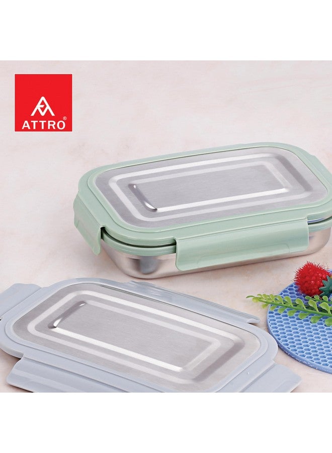 Attro Lunchmate Stainless Steel Lunch Box with 1 Small Container Airtight Spill-Proof BPA Free Food Grade Ideal for Office, School, Picnic, 800ml+180ml- Green - Image 4