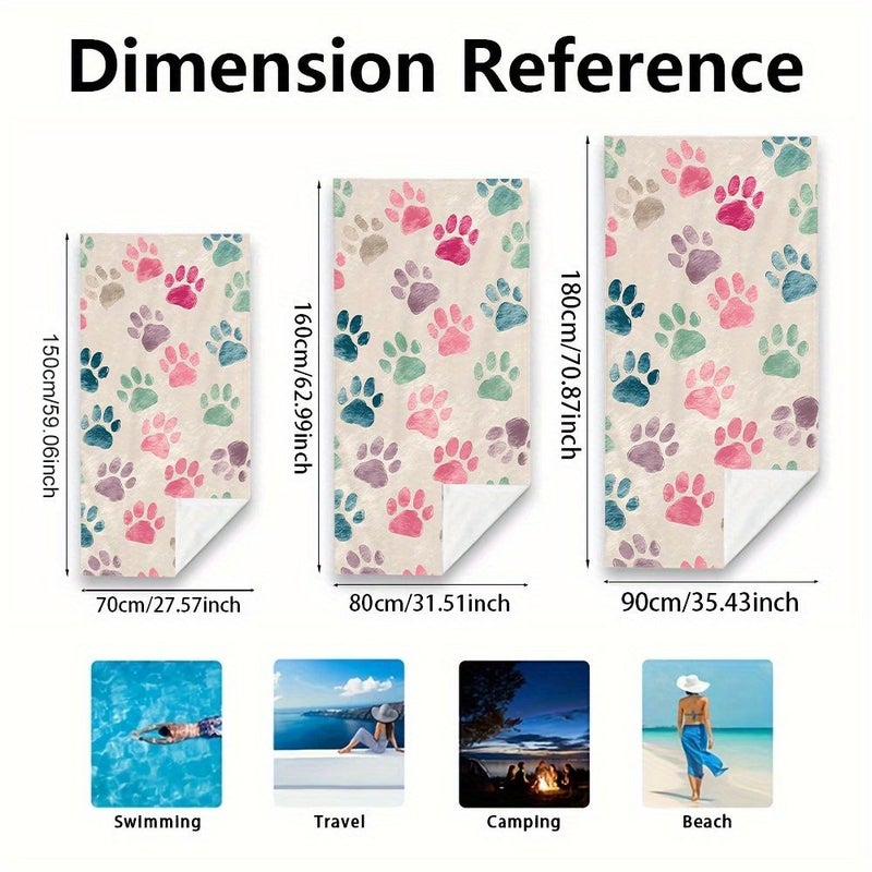 Colorful Paw Prints Beach Towel 150x70cm Lightweight Soft Absorbent Perfect for Summer Vacation - Image 2