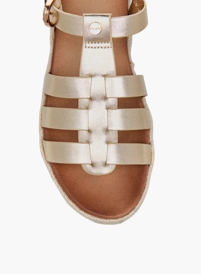 سيليست صنادل نسائية مسطحة بكعب عريض وإبزيم